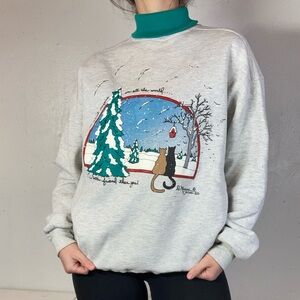 Vintage 80s Gray + Teal Winter Cat Pullover Turtleneck Sweatshirt